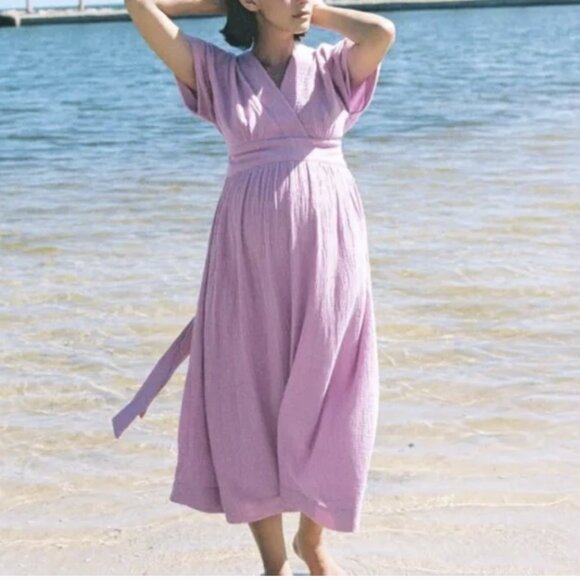 Hatch Maternity The Carolina Dress Orchid Pink Tie Waist Gauze Cotton Midi XL - Picture 1 of 14